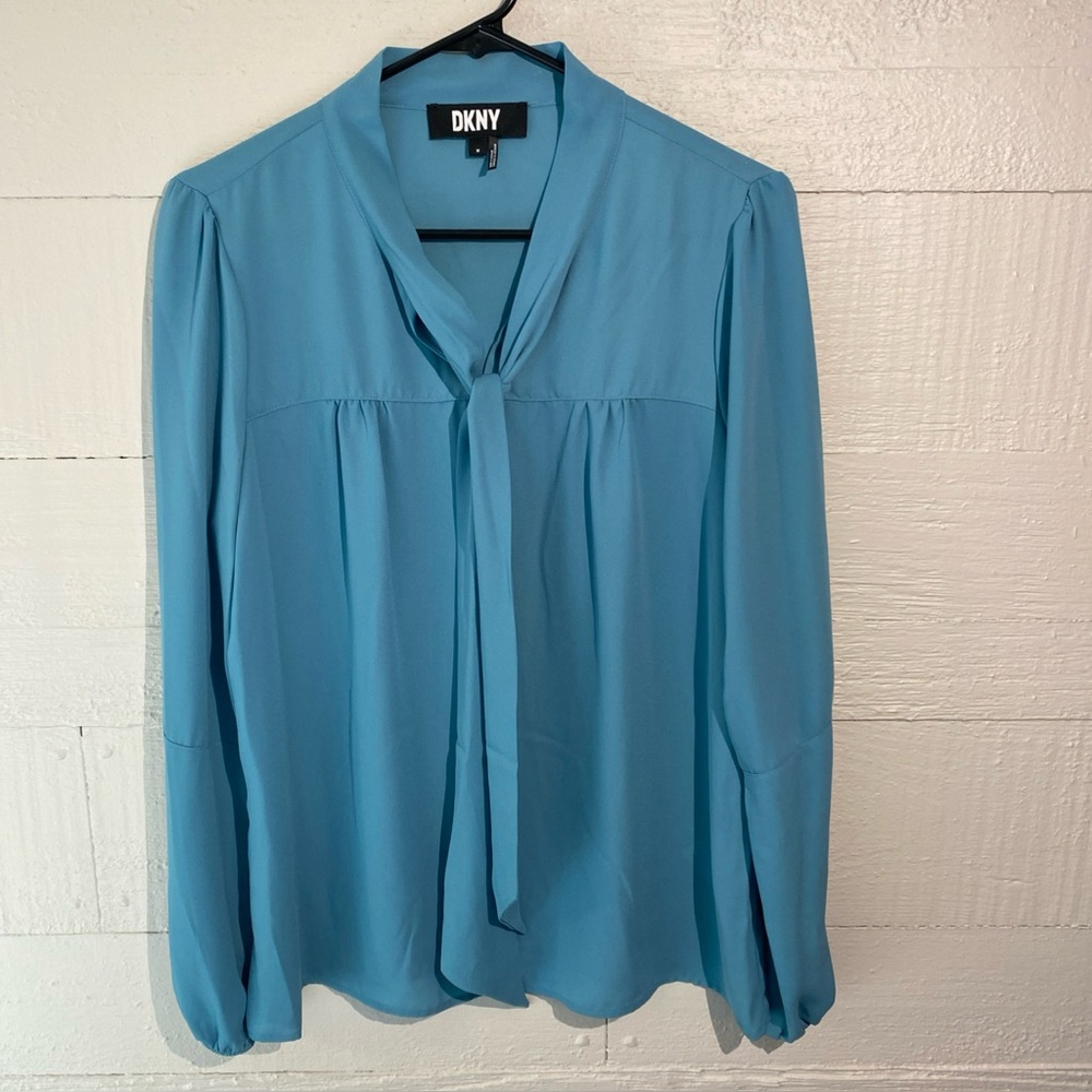 DKNY Cinched Sleeve Bow Tie Blouse Blue Long Sleeve Medium